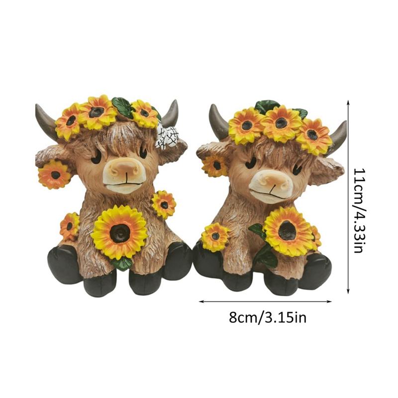 2pcs Sunflower Highland Cow Resin Flower Pot Ornament