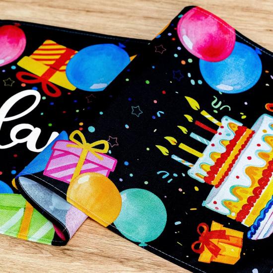 Black Happy Birthday Table Runner, Colorful Balloon Kitchen Dining Table Decoration Festive Balloon Design for Birthday Party Decor 13x72 Inch