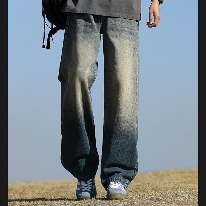 New 2025 Men's Student Four Seasons Washed Floor-Length Jeans Loose Straight Cut Retro Public Version Hong Kong Style
