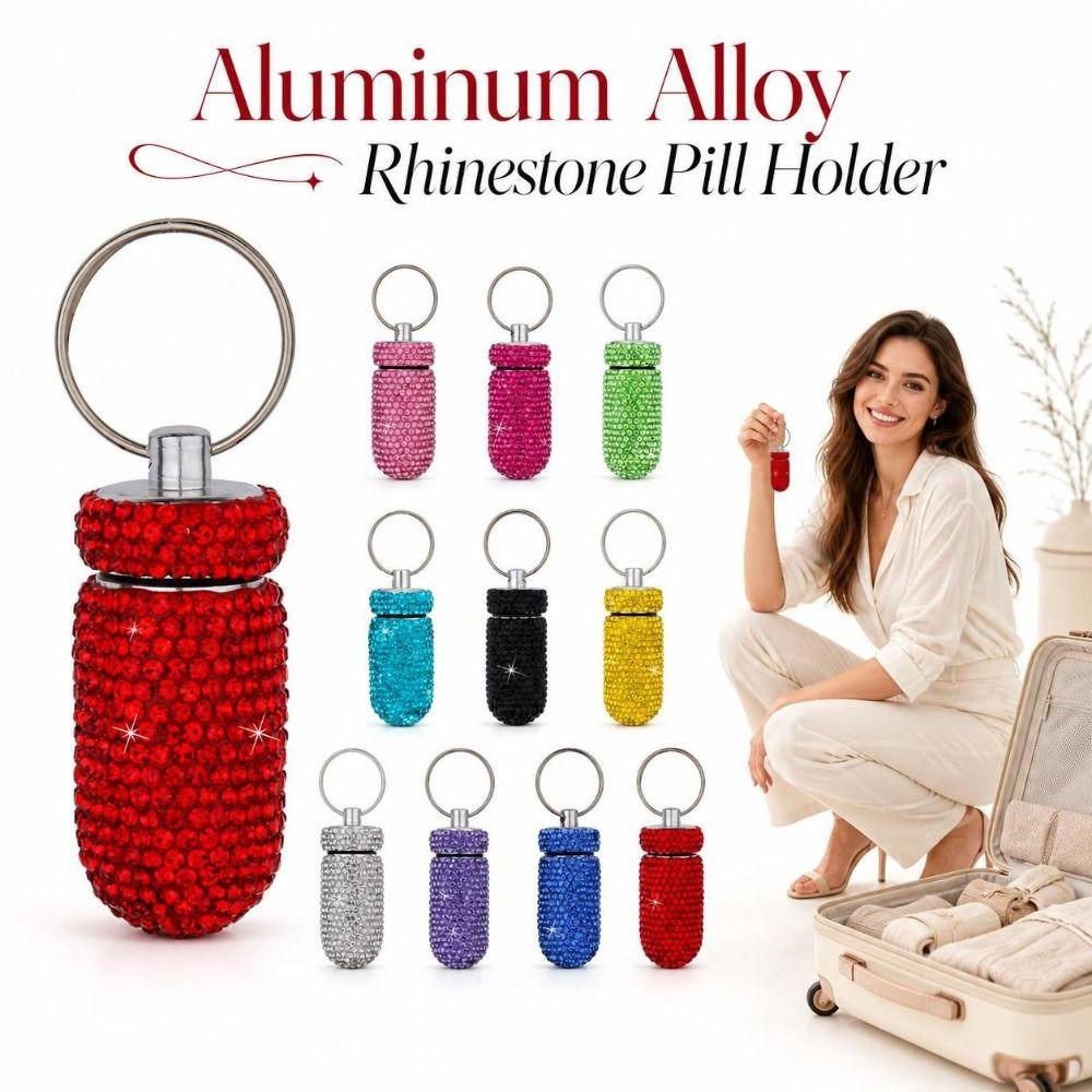 Aluminum Alloy Rhinestone Pill Holder Sparkly Waterproof Keychain Pill Container Durable Sealed Portable Pill Case