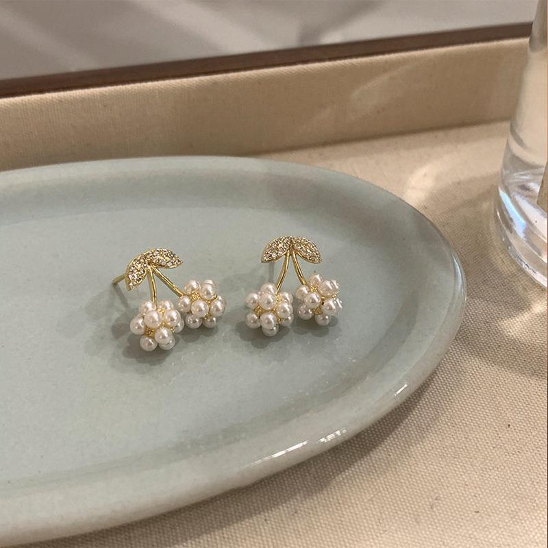 Zircon Pearl Cherry Stud Earrings for Women, Sweet Cute Minimalist Elegant Ear Jewelry