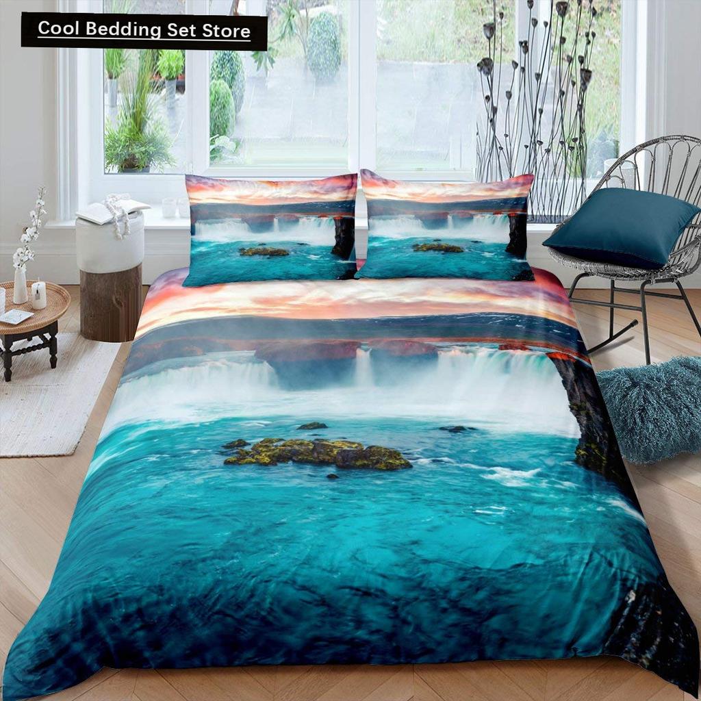 Waterfall king Queen Duvet Cover Floral Trees Bedding Set Natural landscape quilt cover Purple Dream polyester Comforter Cover