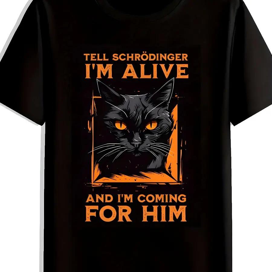 

Schr Dinger s Cat Alive GraphicTShirt Edgy Black Tee with VintageStyle Cat Illustration and Bold Orange Text Perfect for Scie... S