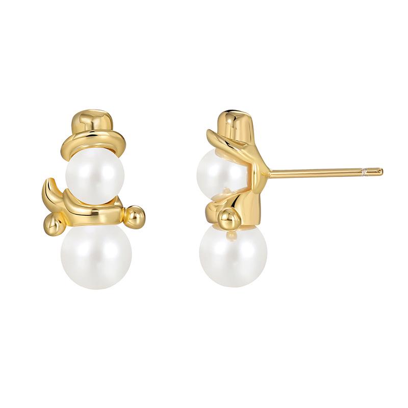 

E0538 European & American Christmas Jewelry: Women s Gold-Plated Snowman Pearl Stud Earrings 18K Gold Plated Copper