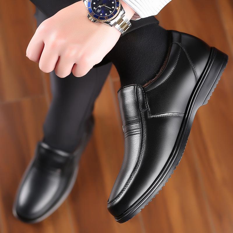 Cotton shoes men's shoes winter leather business dress casual plush warm middle-aged and elderly dad two cotton leather shoes men