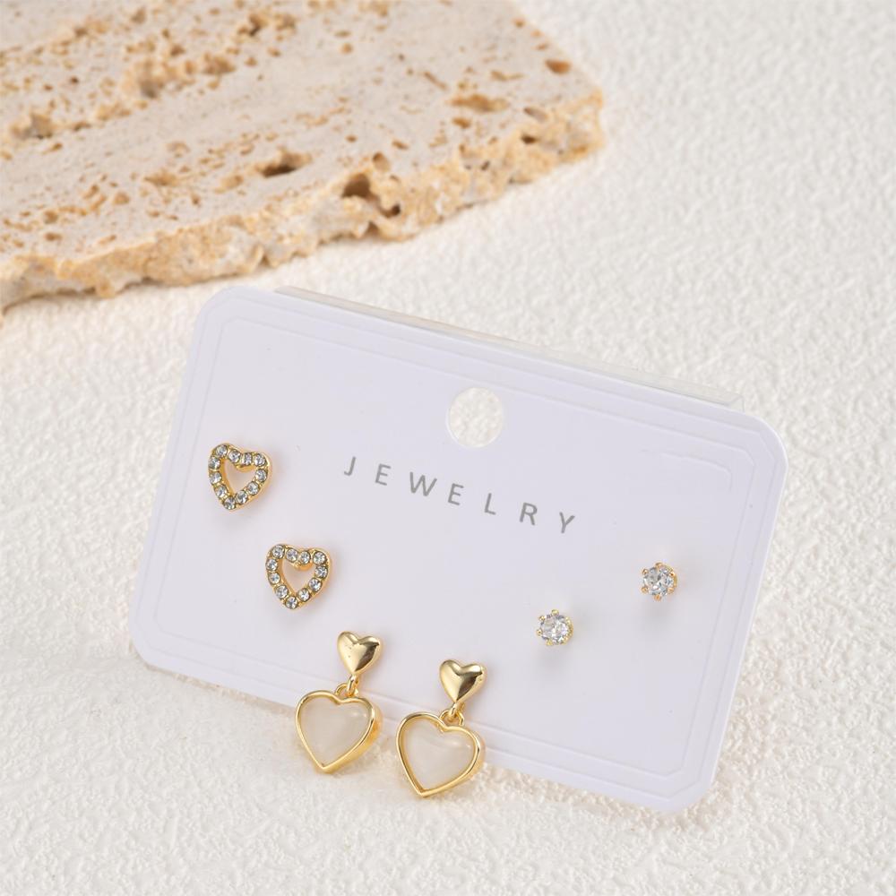 3pcs Set Romantic Heart Earrings for Women, Cubic Zircon Hypoallergenic Stud Earring Set, Fashion Piercing Jewelry