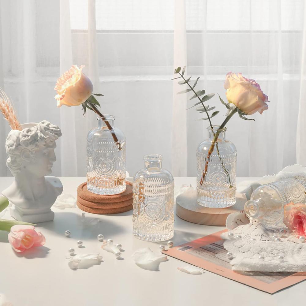 Glass Bud Vases Set of 6 Small Clear Bud Vases In Bulk, Mini Vintage Decorative Bottles, Modern Floral Centerpiece for Flowers