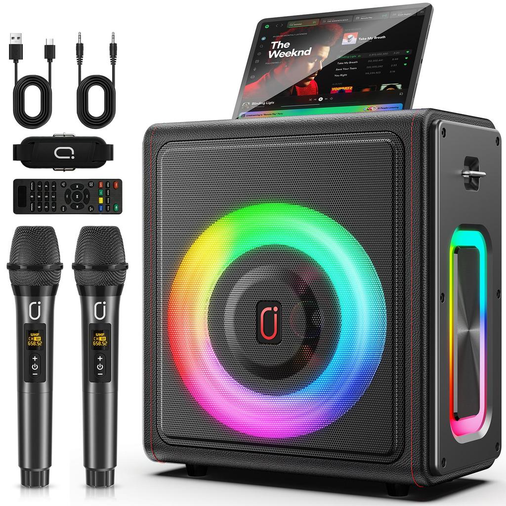 Karaoke Machine with 3 Wireless Mics | Bluetooth 5.3 Speaker with Echo Adjustment & Auto Pitch Correction | PA System with RGB Lights