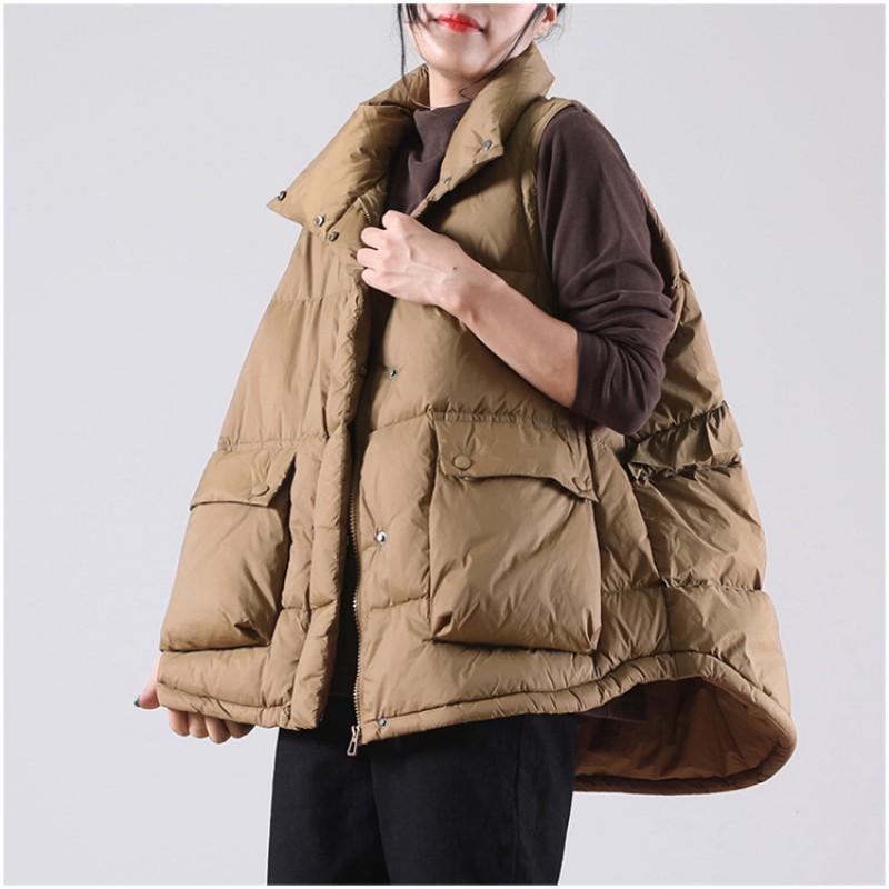 Womens Lightweight Duck Down Vest With Ruffled Hem Large Pockets Warm Fall Winter Sleeveless Jacket