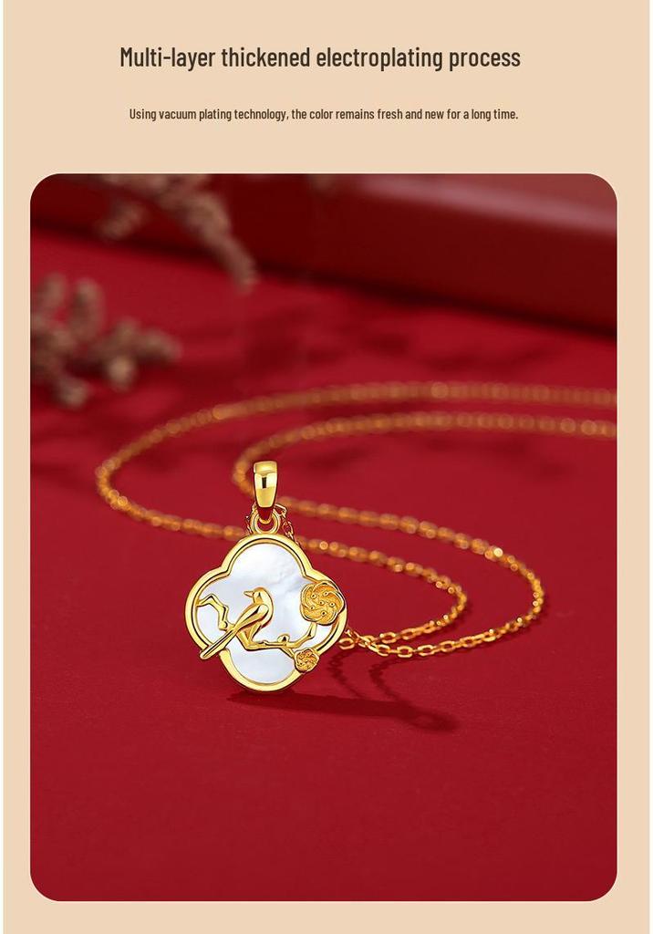Ticia S925 Sterling Silver Joyful Eyebrows Necklace - Retro Chinese Style Shell Four-Leaf Clover Clavicle Chain for Women.