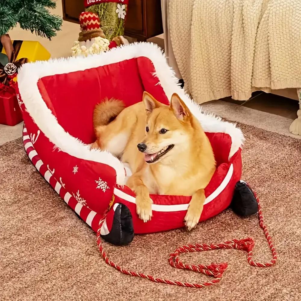 Christmas Sleigh Bed Removable Washable Plush Pet Warm Sofa with Non-Slip Base Christmas Cat Dog Nest for Winter Indoor Outdoor