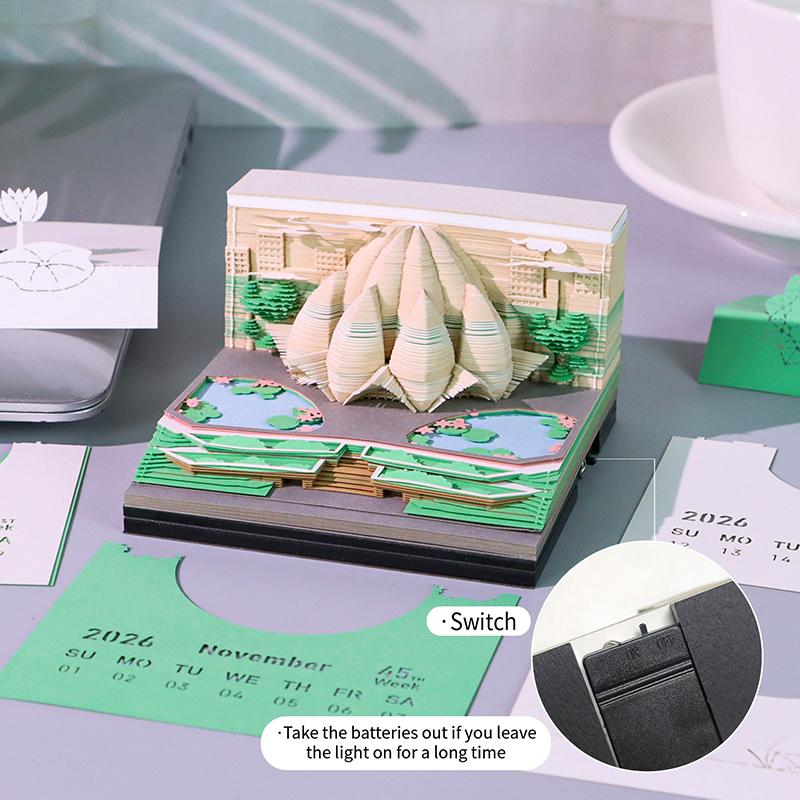Time Piece Calendar 2026 Desk Calendar With Led Light 3D Tear-Away Calendar Paper Carving Art Memo Pad Notepad Gift Christmas