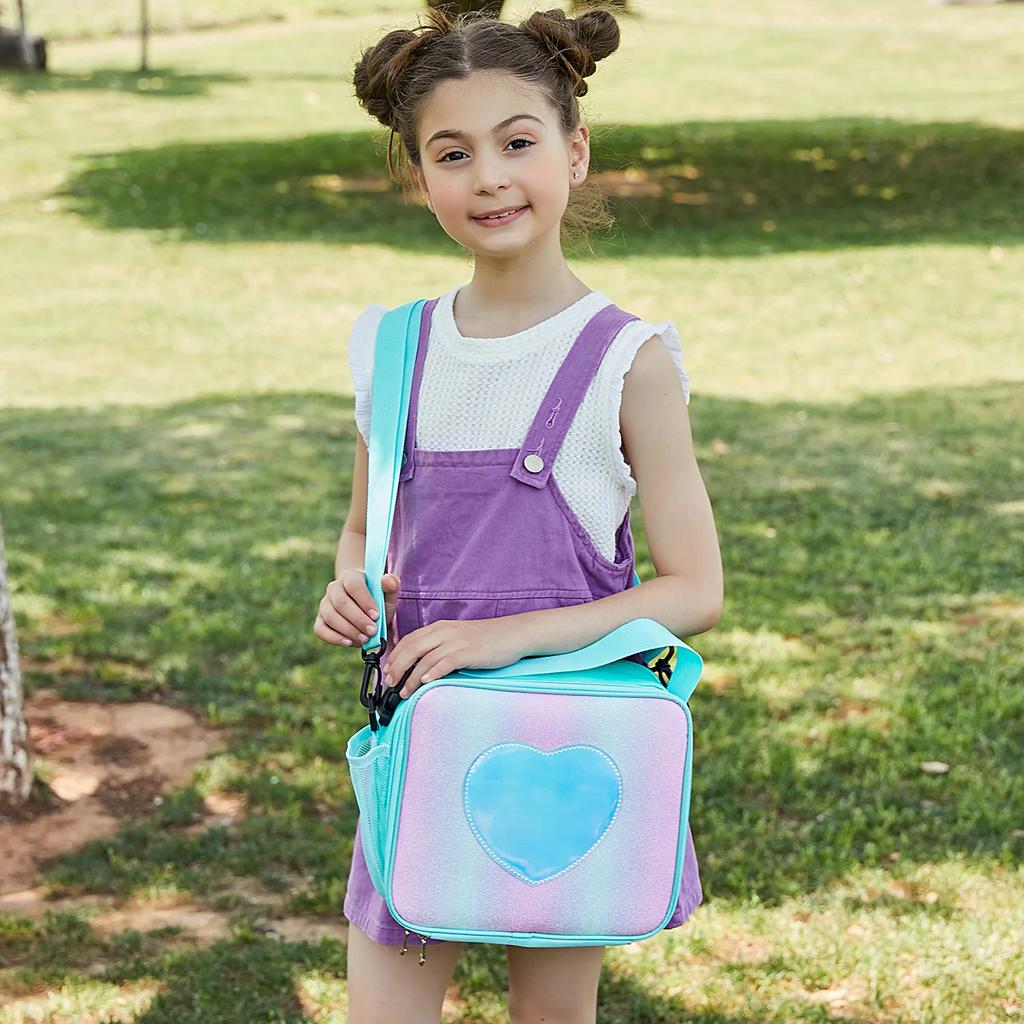 Children Cute Pink Heart Laser Lunch Bag Large Capacity Insulated Student School Office Bento Bag Portable Picnic Food Backpack
