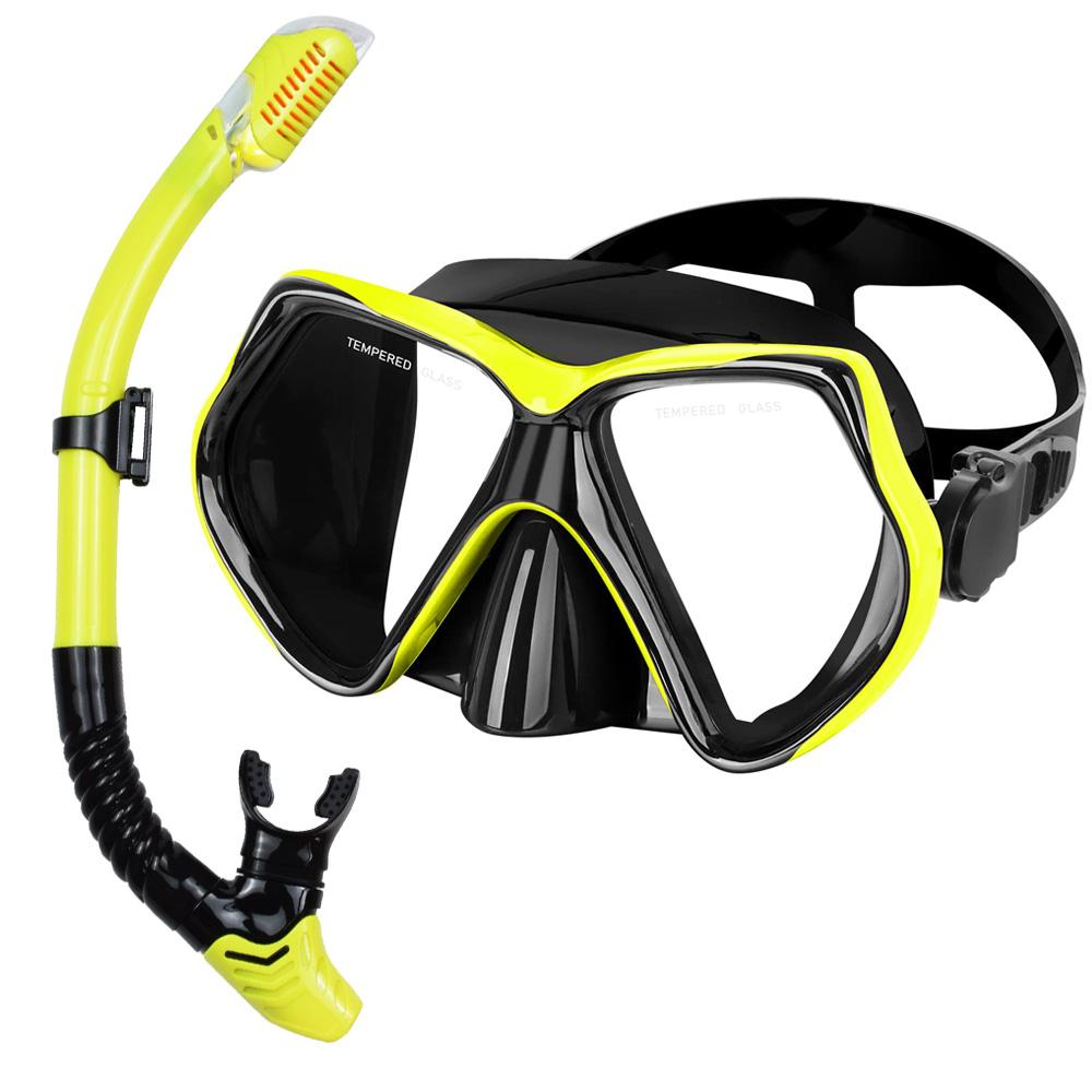 Dry Snorkel Set Diving Mask Swimming Goggles Anti-Leak Wide View Tempered Glass Lens Adjustable Strap Adult Youth