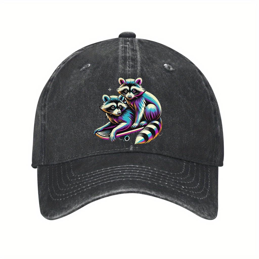 Colorful Raccoons On Skateboard Baseball Cap Rainbow Aesthetic Cotton Dad Hat Casual Adjustable