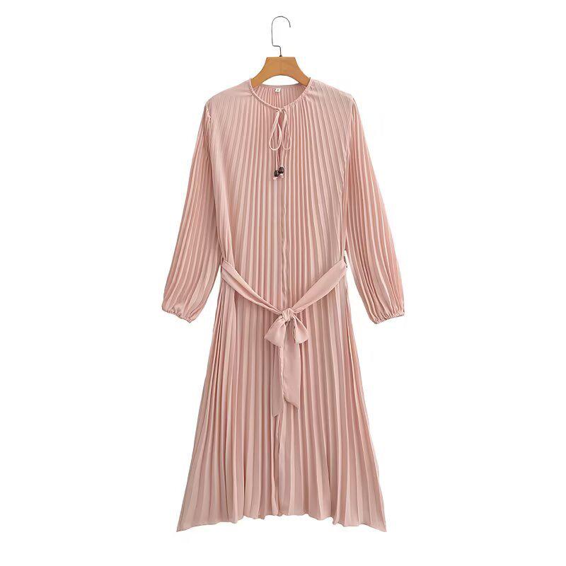 

Женское модное платье макси с плиссировкой, поясом, круглым вырезом и длинными рукавами, весна/осень 2025 Small розовый