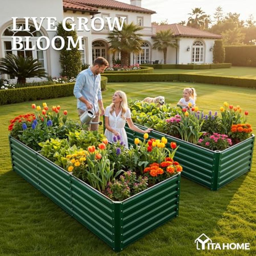 8x4x2ft Large Raised Garden Bed Kit Galvanized Metal Planter Box with Gloves Ground Nails Support Rod Safety Rubber Outdoor Abo