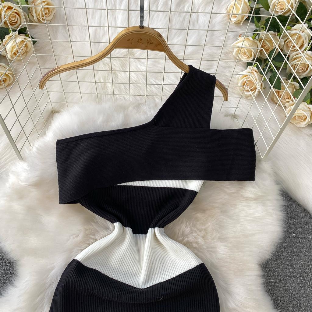 Summer Women Sexy One Shoulder Striped Knitted Office Work Sweater Sheath Dresses