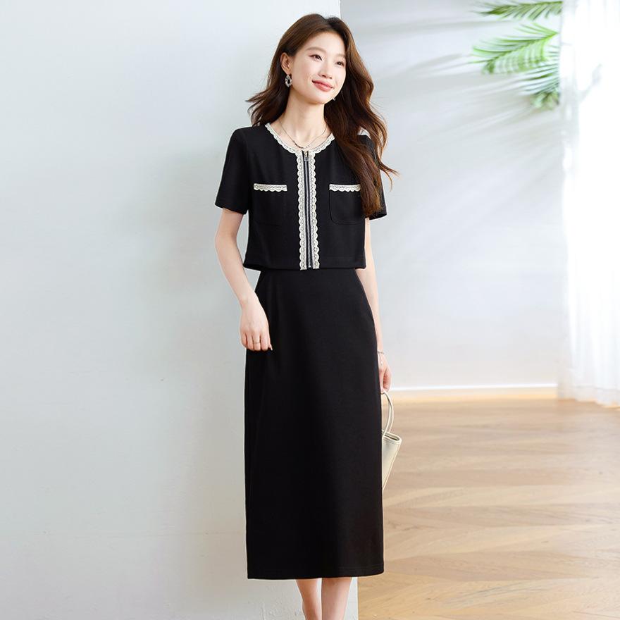 Fashion and thin fake two-piece dress for women's summer new high-waisted temperament small black dress