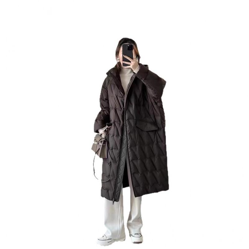 Womens Lightweight Hooded Down Coat Winter Mid-Length Slim Fit White Duck Puffer Jacket In Beige Brown Black Sage Green