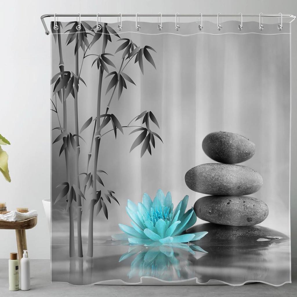 Zen Spa Shower Curtain Grey Bamboo Stone with Teal Water Lily In Water Bathroom Shower Curtain Teal and Gray Bathroom Curtain