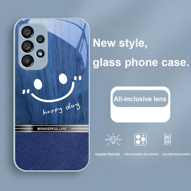 Holzmaserung lächelndes Gesicht für Samsung Galaxy S24 Plus S20 21 FE S23 Ultra S8 9 A70 72 73 50 51 52 53 Gehärtetes Glas Handyhülle