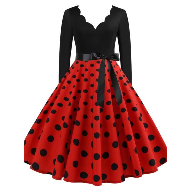 

Модный стиль Улица Amazon Горячая распродажа Ретро Горошек V-образный вырез Горящие цветы Пэчворк Длинный рукав Платье с большим подолом Бесплатная лента Picture Color S