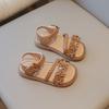 New Summer Woven Girls Sandals, Floral Princess Shoes, Soft Sole Beach Sandals for School-age Girls