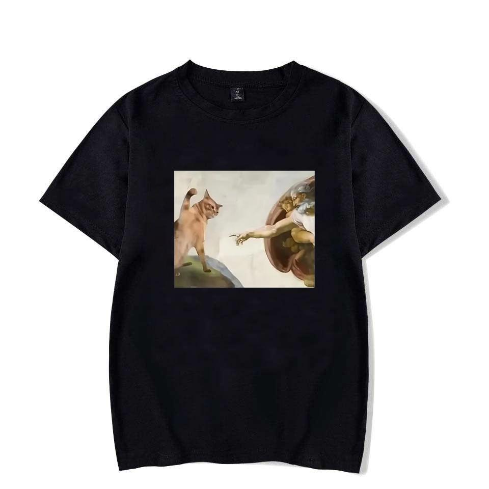 Lustiges Katzen Gott Adam Schöpfung Meme Muster Unisex Damen T-Shirt Lässig Kurzarm Jesus Bild Unisex T-Shirt Rundhals Tee Tops