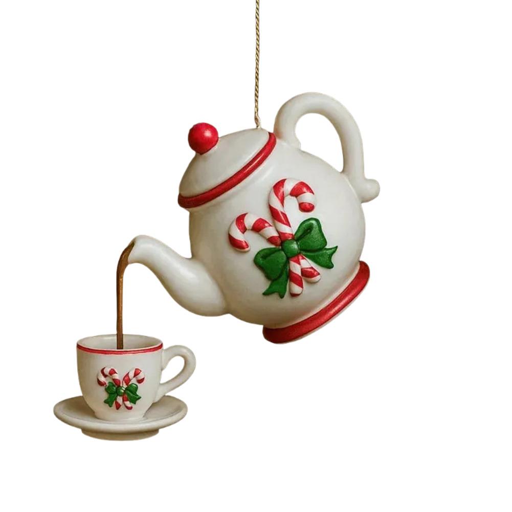 Christmas ornament vintage teapot with tea cups hanging decoration for tree mantel window and festive holiday table decor