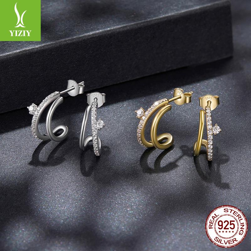 Moissanite Split Double Earrings Earrings Personalized Sparkle S925 Sterling Silver Half-Circle Stud Earrings