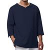 Camicia da uomo ampia in lino di cotone con scollo a V a maniche lunghe