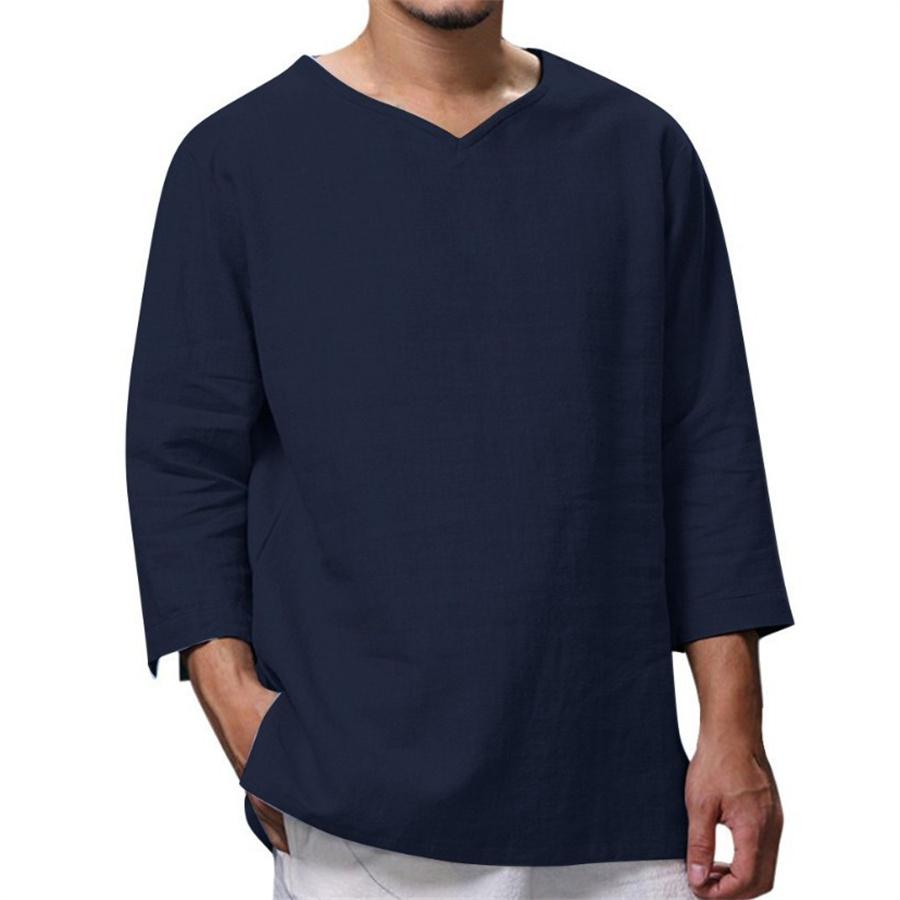 Camicia da uomo ampia in lino di cotone con scollo a V a maniche lunghe