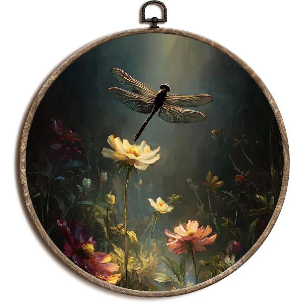 laveliabel Dark Academia Dragonfly Round Canvas Art Wall Decor, Moody Dragonfly Framed Canvas Prints, Cottagecore Floral Botanical Round Hanging Wall dark dragonfly