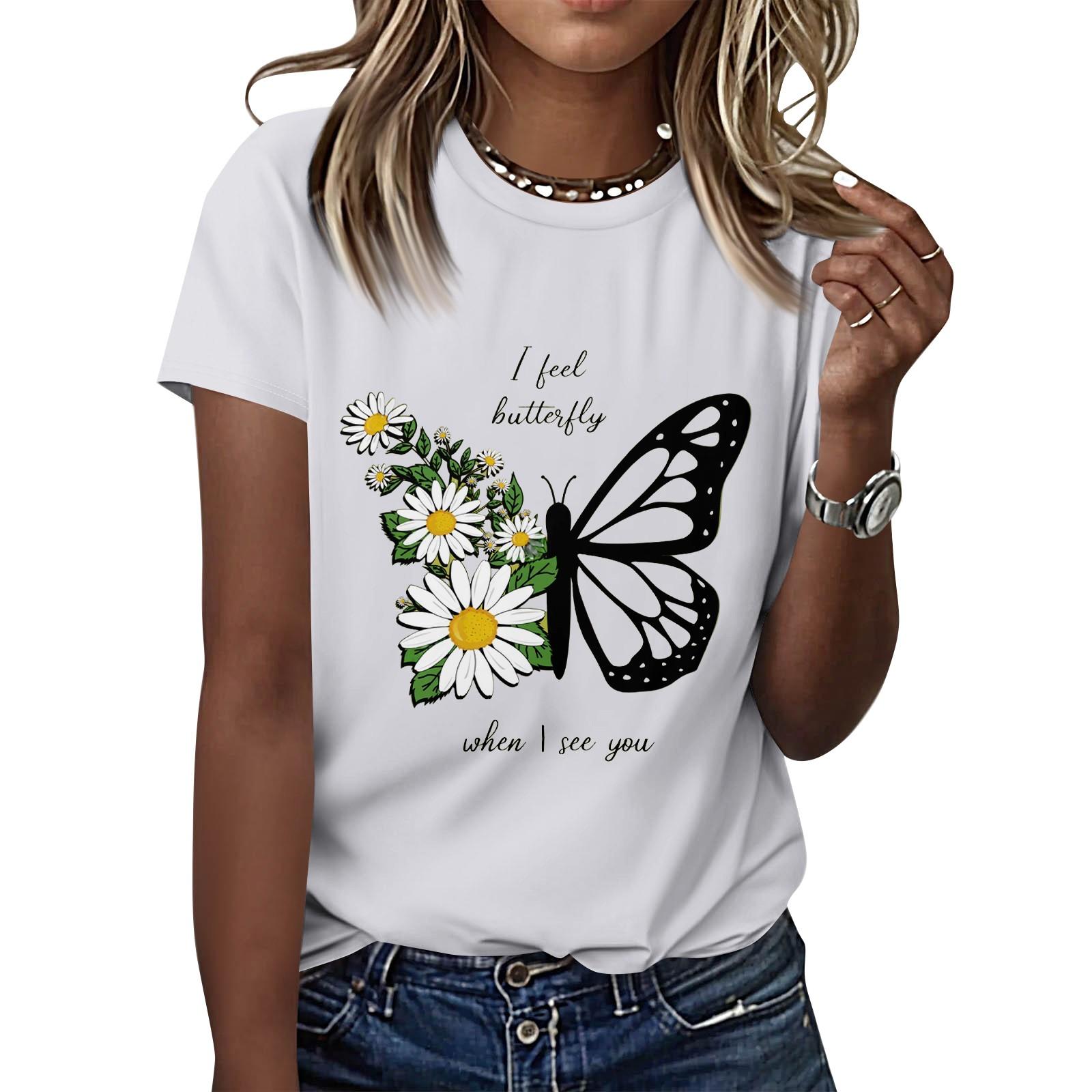 

Женская повседневная футболка с принтом, пуловер с круглым вырезом, топ с короткими рукавами XL белый