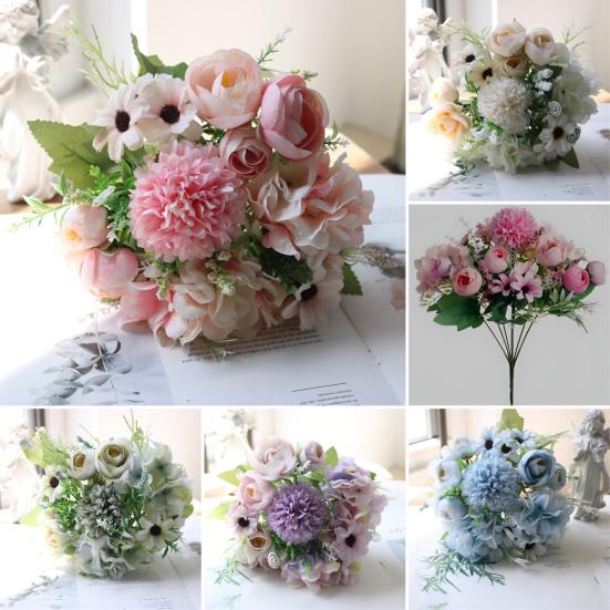 Artificial Flowers Bunch Realistic Faux Silk Flowers Long-Lasting Hydrangea Rose Fake Flowers