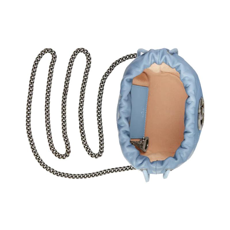 Gucci crossbody bag GG Marmont Silver Label Logo Quilted Leather Drawstring Bucket Chain Shoulder Mini Women's Light Blue Candy Color Unicorn Color