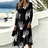 Women's Halloween Printed V-Neck Long Sleeve Dress with Pockets