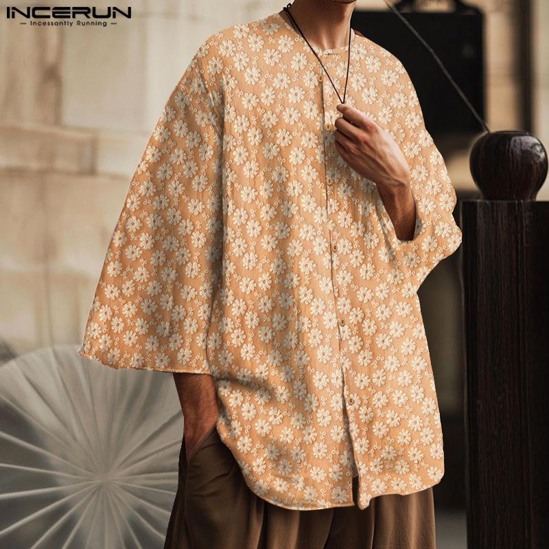 INCERUN Oversized Men Collarless 3/4 Sleeve Flowers Texture Casual Tunic Tops Shirts