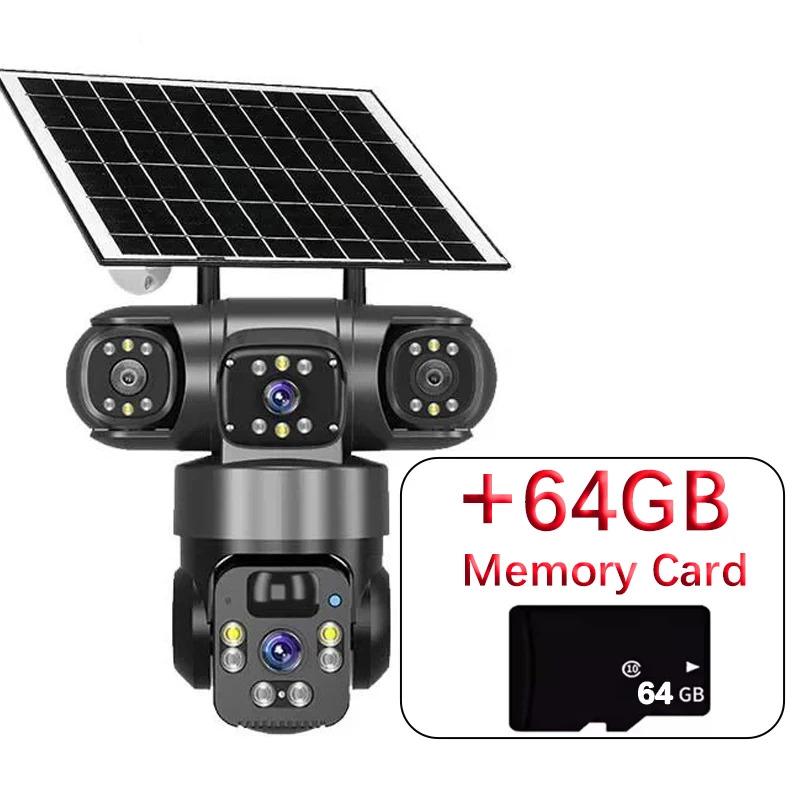 

15МП 8K 360 градусів Wifi Сонячна IP-камера Три об єктиви Зовнішня IP66 Водонепроникна Нічне бачення Двостороння аудіо З виявленням людини Камера безпеки CCTV Спостереження EU Plug+64G чорний