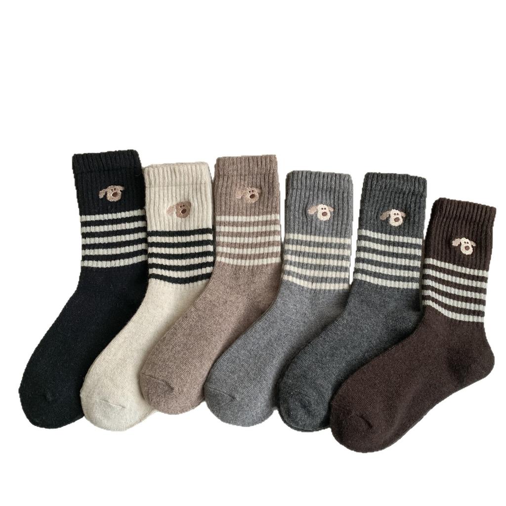 Embroidered Puppy Wool Striped Socks Children Dongdaemun Medium Tube Socks Cute Winter Warm Pile Socks