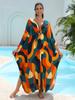 Vacation dress, long robe, loose positioned print beach cover-up, bikini dress