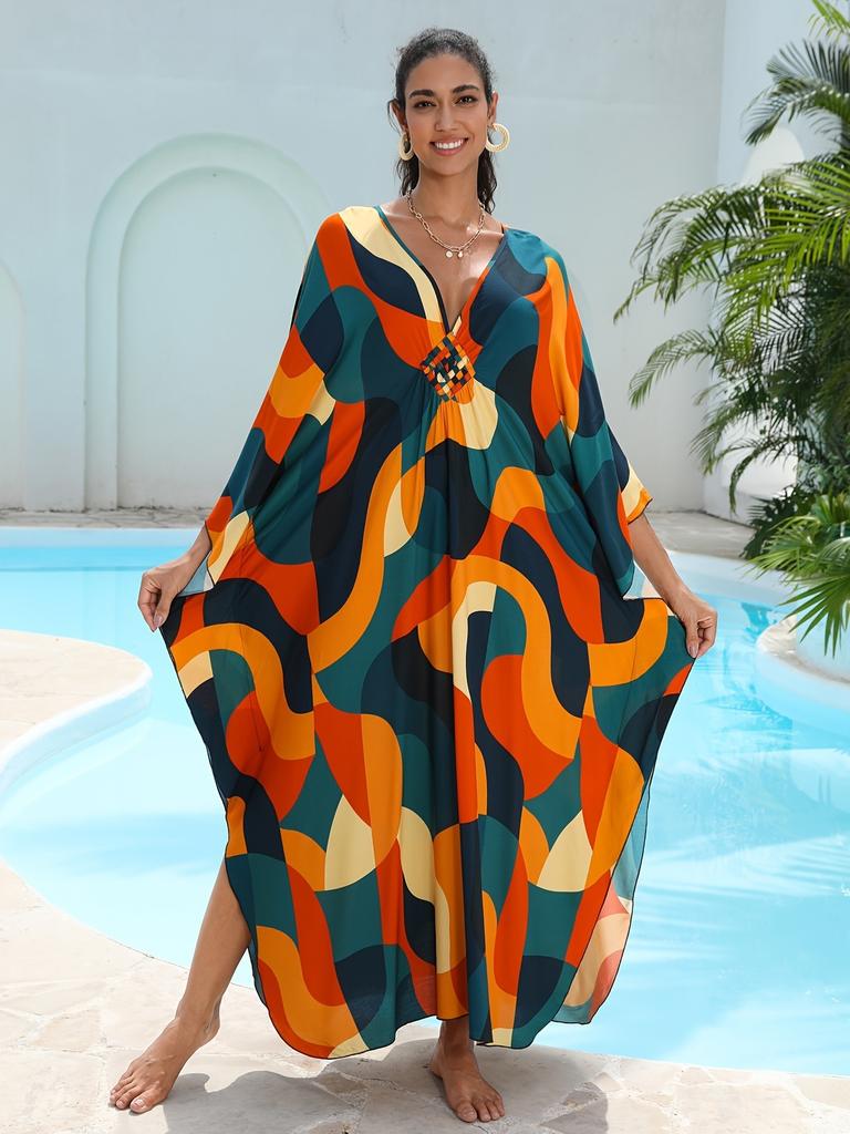 Vacation dress, long robe, loose positioned print beach cover-up, bikini dress