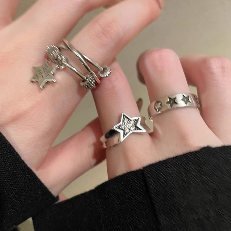Silver Color Stars Rings Vintage Gothic Ring for Men Women Fashion Star Open Adjustable Ring Y2k Jewelry Gift