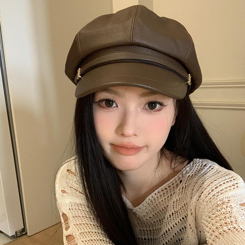 Stylish 2024 Fashionable Pu Beret Hat For Women Summer Lightweight Versatile Cap With Embroidery
