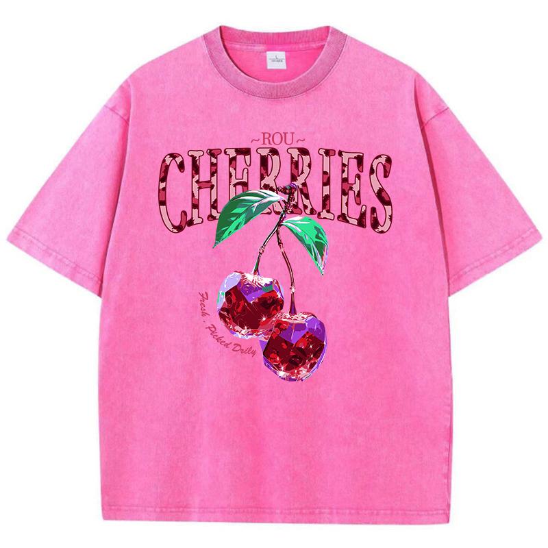 Crystal Cherries Washed TShirts Women Cotton Tees Fruit Letter Print Tops Oversize Distressed Short Sleeve Summer Woman Clothes