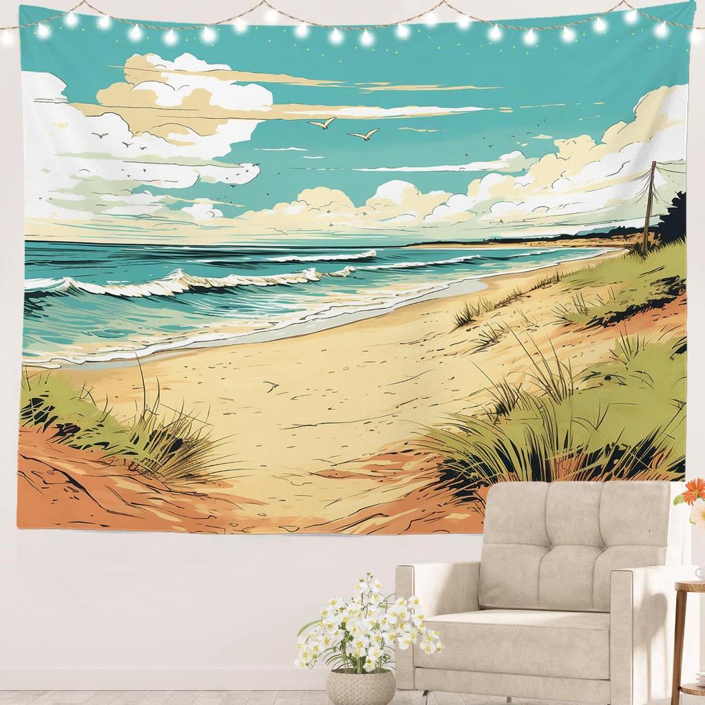 Serene Beach Scene Tapestry  Coastal Landscape Wall Art Calm Ocean View Decor for Bedroom Dorm Living Room