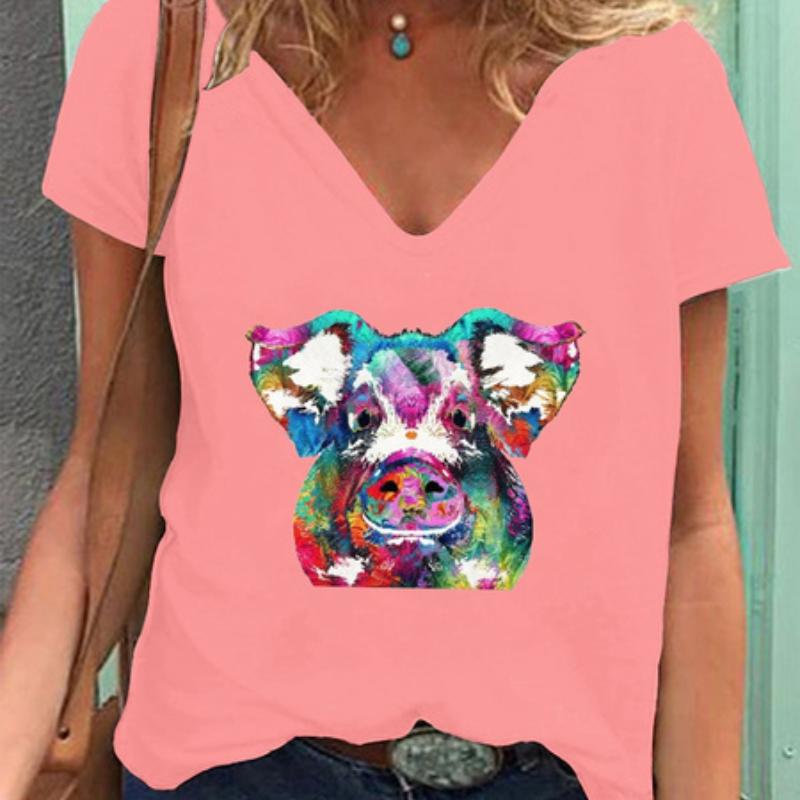 

Fashion Spring Retro Multicolored Print Blouses Short Sleeved V-Neck T Shirts Casual 8XL рожевий