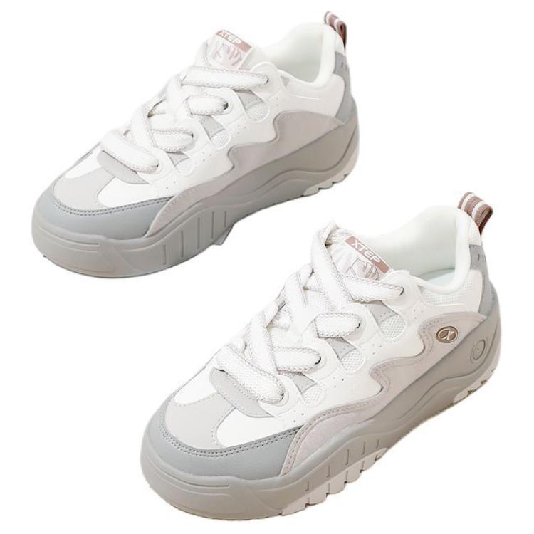 Xtep Waffle Shoes Synthetic Leather Comfortable Trendy Non-Slip Shock Absorbing Low-Top Skate Shoes Women sneakers White Gray 976418310042-2
