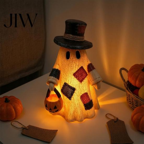 Harvest Festival Entryway Displays Lighted Patchwork Ghost Resin Figurine with Pumpkin Lantern, Rustic Farmhouse Style Halloween Whimsical Autumn Home